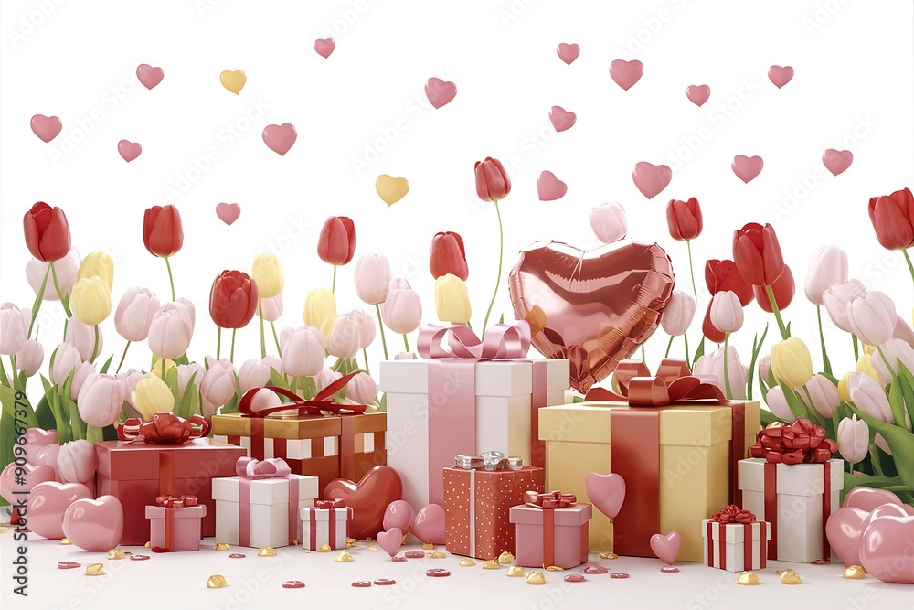 Tulips, gifts, hearts on a white background Tulips, gifts, hearts on a white background