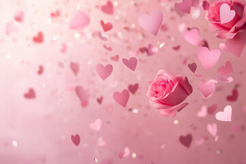 big flying blurred pink roses heads and confetti paper pink hearts isolated on smooth solid pastel pink background