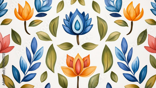 Closeup of a delicate watercolor pattern with diya lamps, lotus flowers, and peacock feathers on a light background 