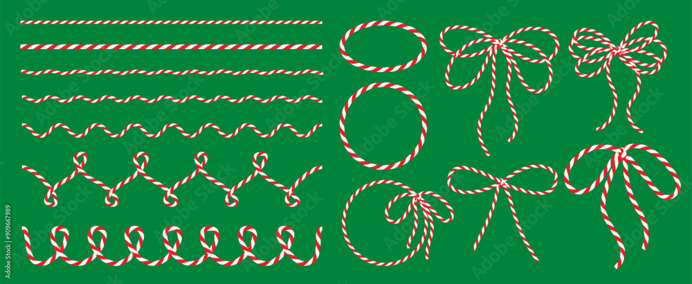 Εκτύπωση καμβά Cotton baker twine, ribbon red white, packing thread, bows, frames for decoration, tying boxes, gift wrap for Christmas, new year, isolated elements for banners, wallpaper