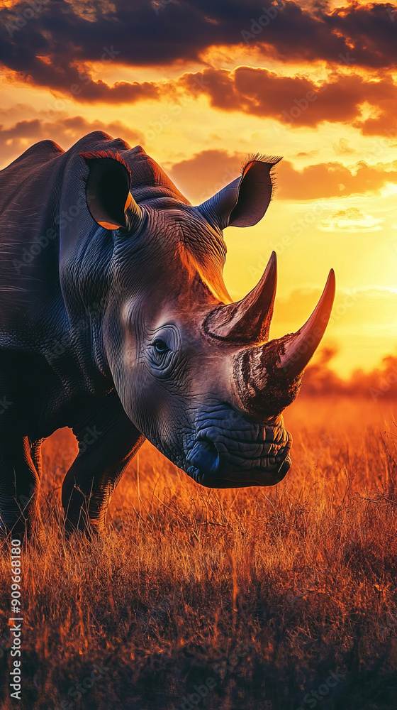 Fototapeta premium A Rhino in the Wild. World Rhino Day Banner Concept with Copy Space