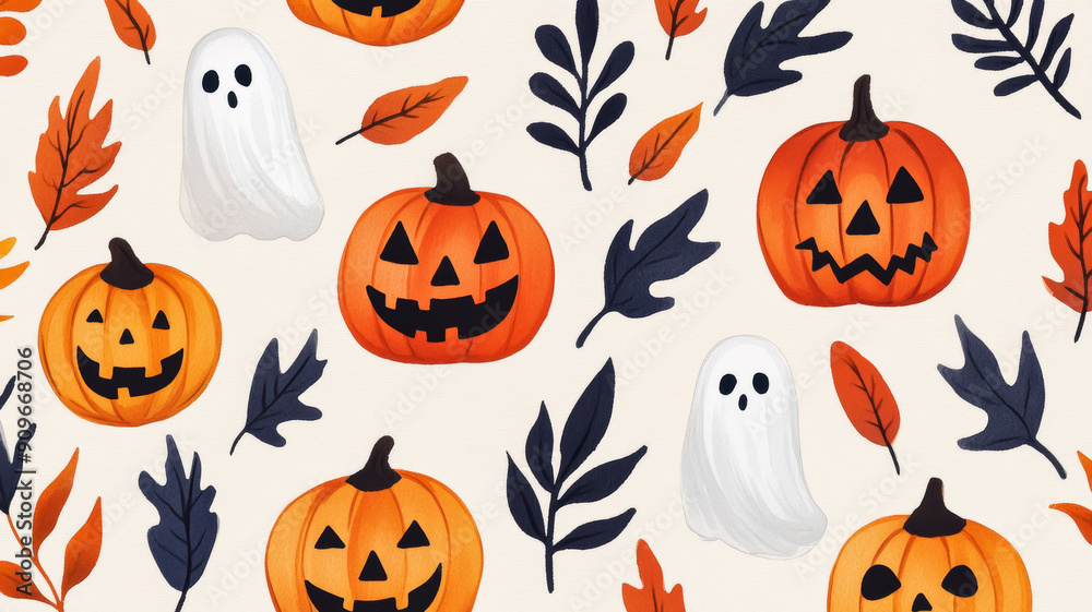 Closeup of a seamless watercolor pattern with jack-o'-lanterns, autumn leaves, and ghosts on a soft beige background Closeup of a seamless watercolor pattern with jack-o'-lanterns, autumn leaves, and ghosts on a soft beige background