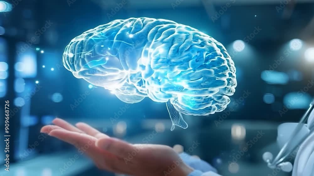 futuristic digital x-ray of a brain in doctor hand, Ai, Technology, Human Brain, Doctors, 4K
