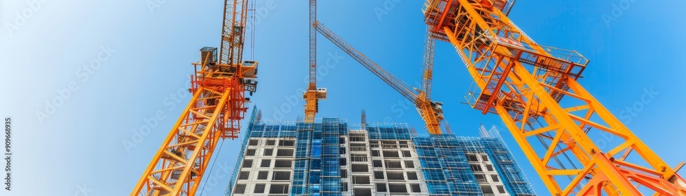 construction cranes lifting building materials against a clear blue sky during modern skyscraper construction project. construction cranes lifting building materials against a clear blue sky during modern skyscraper construction project.