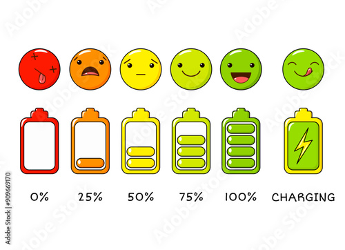 Vector battery charge indicator icon set. Different level of charge for battery. Vector emoji symbol and ranking bar for battery charging level. Status of batteries. Smiles in kawaii style. EPS8