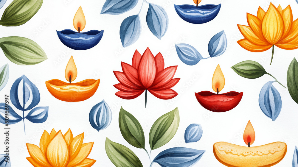 Closeup of a whimsical watercolor Diwali pattern with lotus flowers, candles, and rangoli designs on a white background Closeup of a whimsical watercolor Diwali pattern with lotus flowers, candles, and rangoli designs on a white background