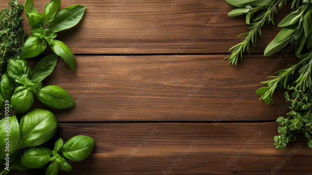Overhead view of a rustic wooden table background with assorted fresh herbs like basil, rosemary, and thyme scattered around Overhead view of a rustic wooden table background with assorted fresh herbs like basil, rosemary, and thyme scattered around