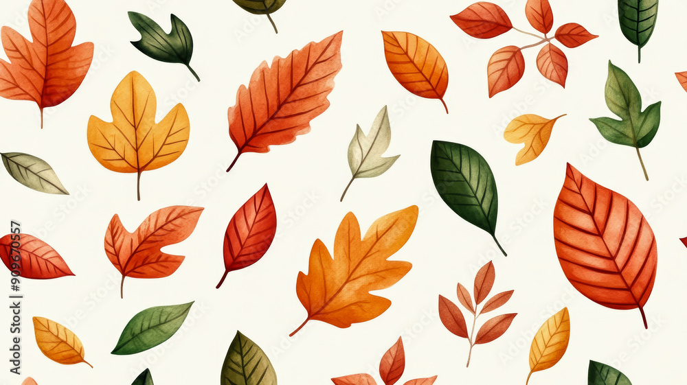 Obraz premium Overhead view of a soft watercolor pattern with various autumn leaves in warm hues on a light beige background 
