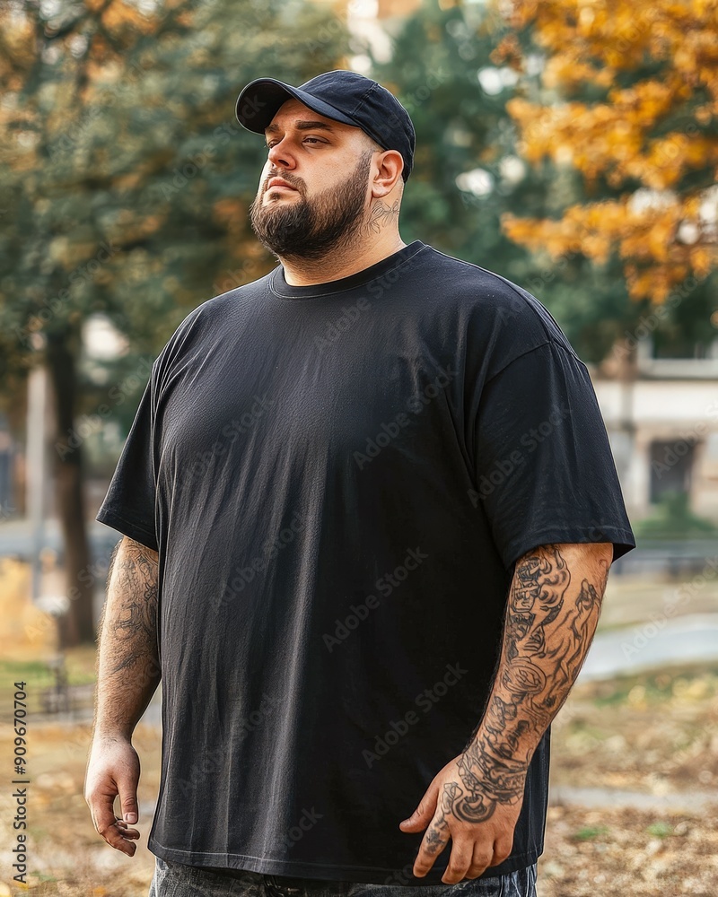Obraz premium Model showcases blank black t-shirt in a vibrant autumn park
