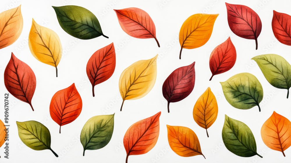 Overhead view of a vibrant watercolor pattern with orange, red, and yellow leaves on a white background Overhead view of a vibrant watercolor pattern with orange, red, and yellow leaves on a white background