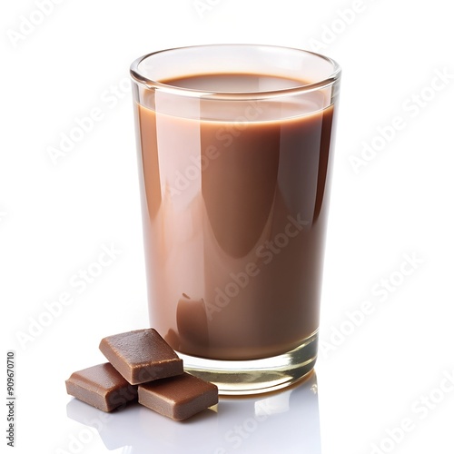 Glass of Chocolate Milk with Chocolate Pieces on White Background, Delicious and Refreshing