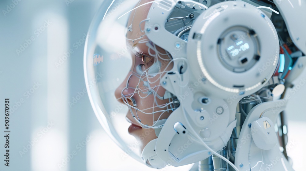Hyper-realistic render of advanced AI robot, human-like features, lab setting, Hyper-realistic render of advanced AI robot, human-like features, lab setting,
