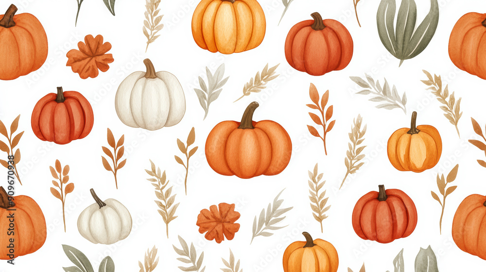Overhead view of a watercolor design featuring pumpkins, gourds, and wheat stalks in harvest tones on a light background Overhead view of a watercolor design featuring pumpkins, gourds, and wheat stalks in harvest tones on a light background