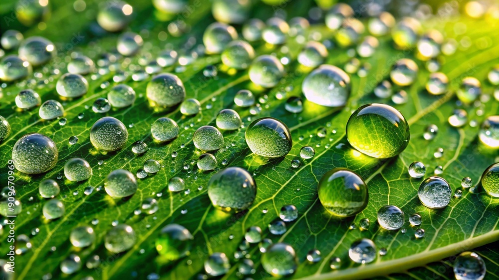 Large beautiful drops of transparent rain water on a green leaf macro. Drops of dew in the morning glow in the sun. Beautiful leaf texture in nature. Natural Large beautiful drops of transparent rain water on a green leaf macro. Drops of dew in the morning glow in the sun. Beautiful leaf texture in nature. Natural