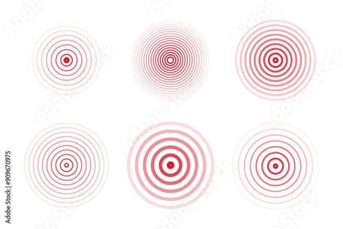 Concentric ripple circles set. Seismic Earthquake alert radar. Radial signal, sonar wave, soundwave rings. touch effect or pulse