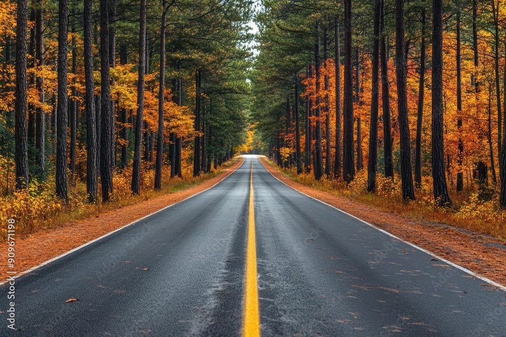 Obraz premium A serene autumn road flanked by vibrant trees, inviting peaceful journeys through colorful foliage.