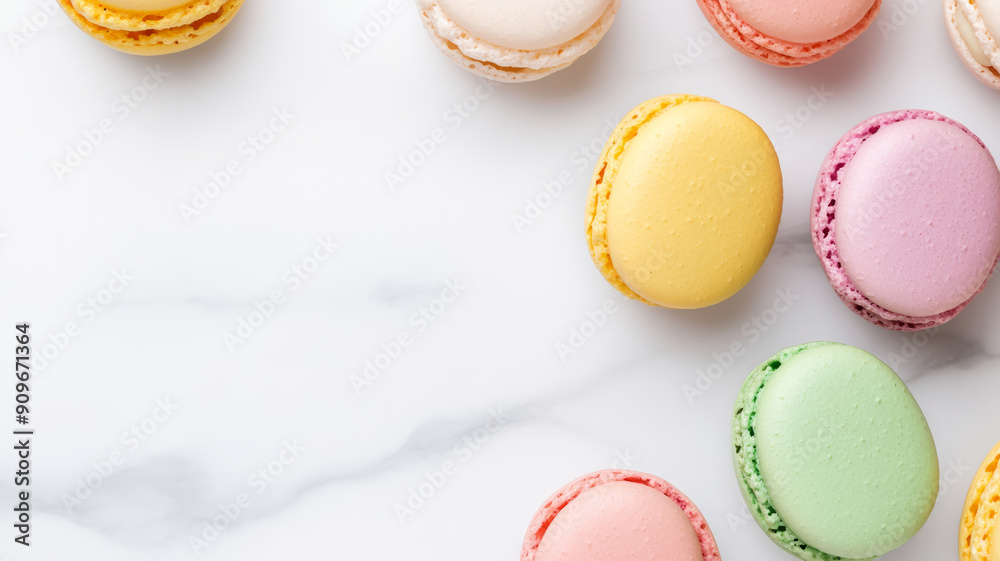 Overhead view of colorful macaron cookies arranged on a white marble background with pastel colors Overhead view of colorful macaron cookies arranged on a white marble background with pastel colors