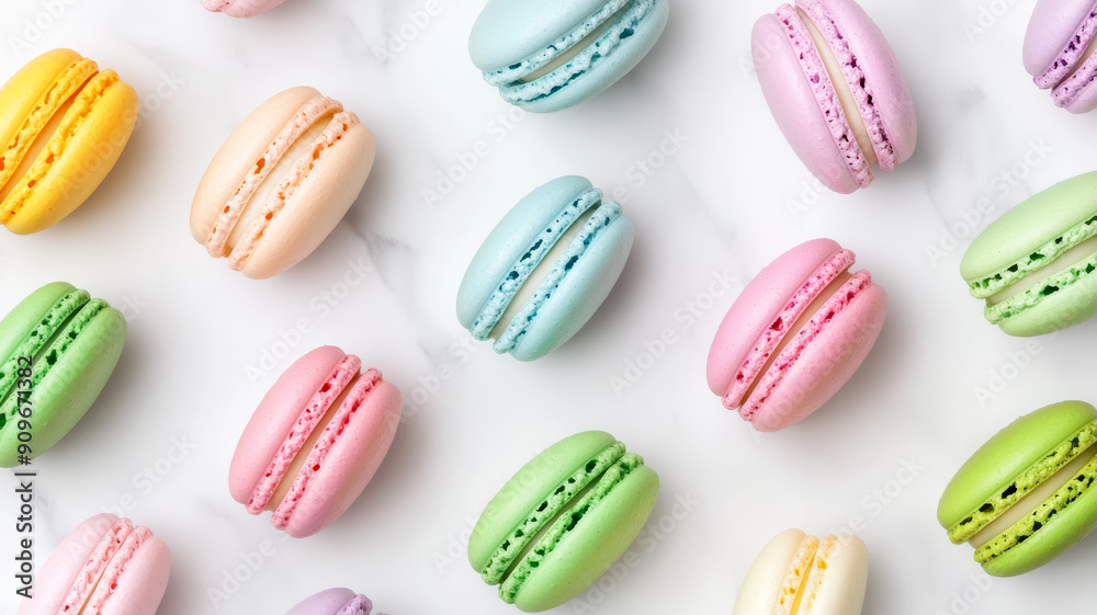 Overhead view of colorful macaron cookies arranged on a white marble background with pastel colors Overhead view of colorful macaron cookies arranged on a white marble background with pastel colors