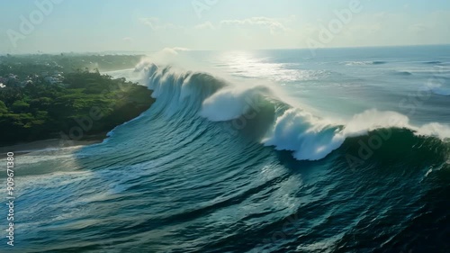 Massive waves crash along the shoreline at sunrise in a coastal city, tsunami