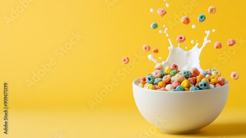 Overhead view of colorful cereal with milk splashing in a white bowl on a bright yellow background 