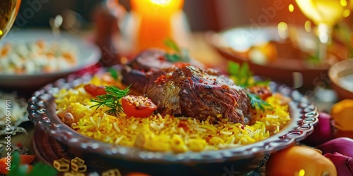 Slow Roasted Lamb Meat with Saffron Rice and Vegetables on Dinner Table Traditional Middle Eastern Cuisine including Haneeth Pilaf Mansaf Shanks and Kabsa photo