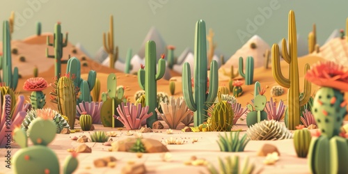 Cartoon desert cactus craft paper intricate details. The generation of AI. photo