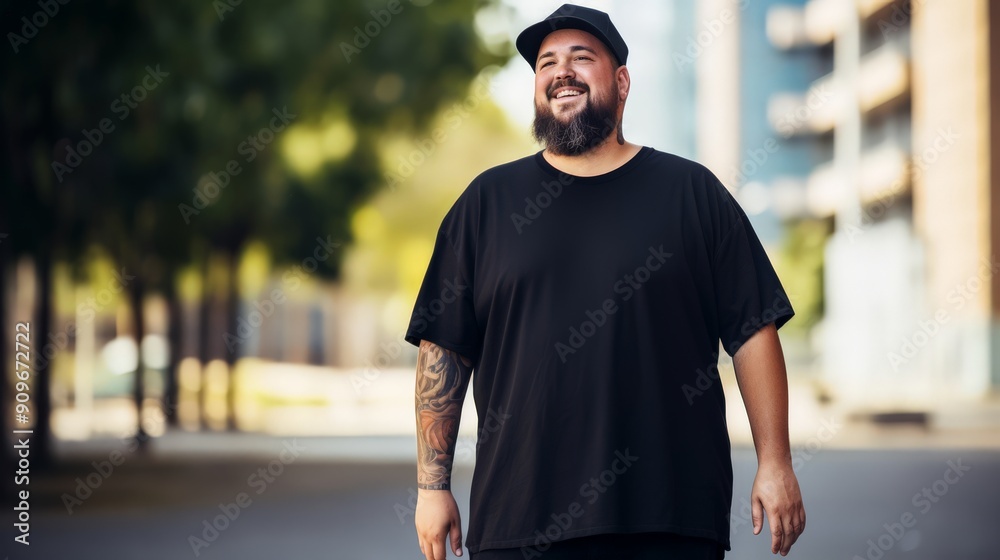 A joyful male model showcases a blank black shirt while walking outdoors A joyful male model showcases a blank black shirt while walking outdoors