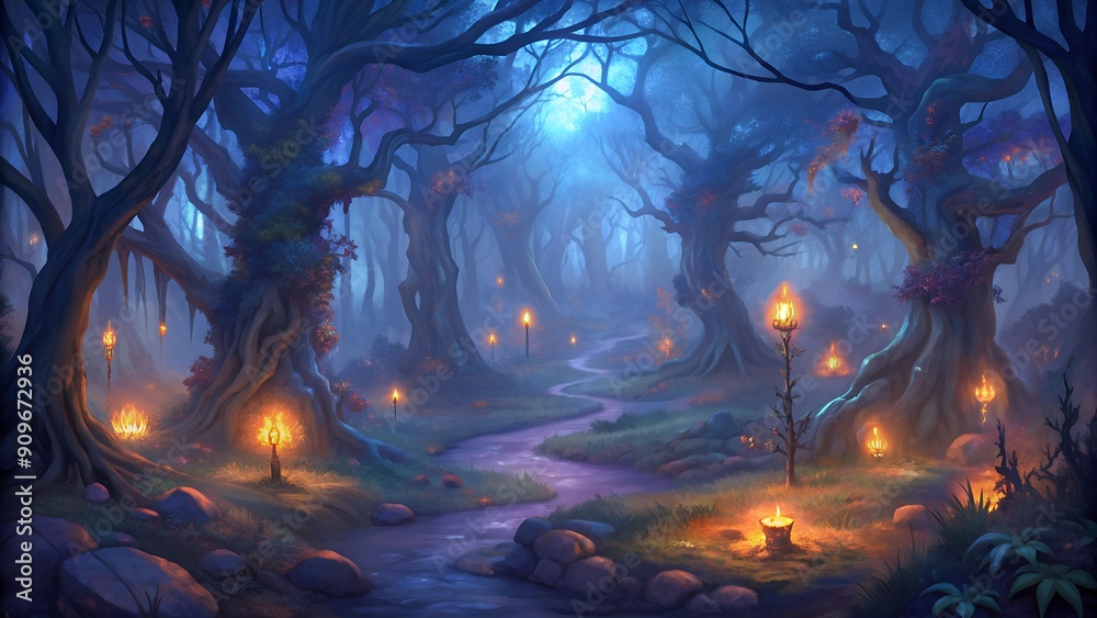 Fantasy Fey Forest at Night. Perfect for: Fantasy Art, Autumn Decorations, Enchanted Forest Themes Fantasy Fey Forest at Night. Perfect for: Fantasy Art, Autumn Decorations, Enchanted Forest Themes