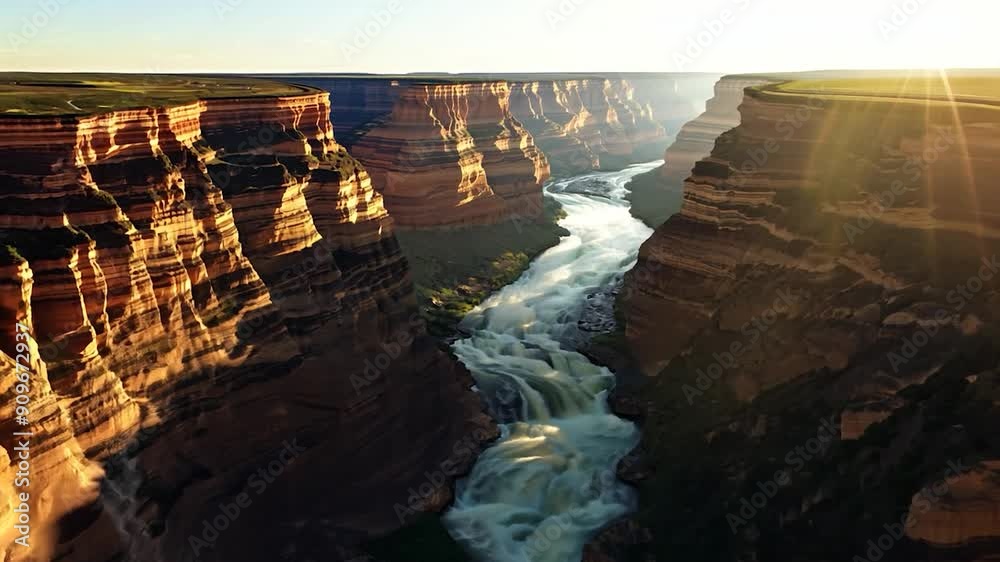 A stunning view shows a river winding through a canyon at sunset, with steep cliffs as a backdrop and rushing water below, creating a peaceful scene of natural beauty.
