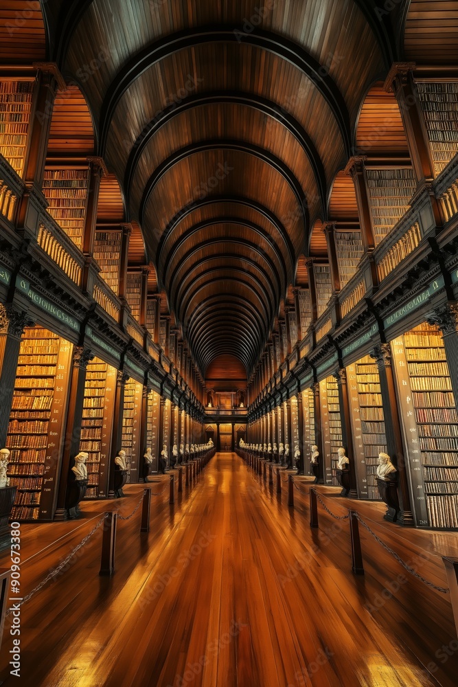 Grand library with endless rows of bookshelves Grand library with endless rows of bookshelves