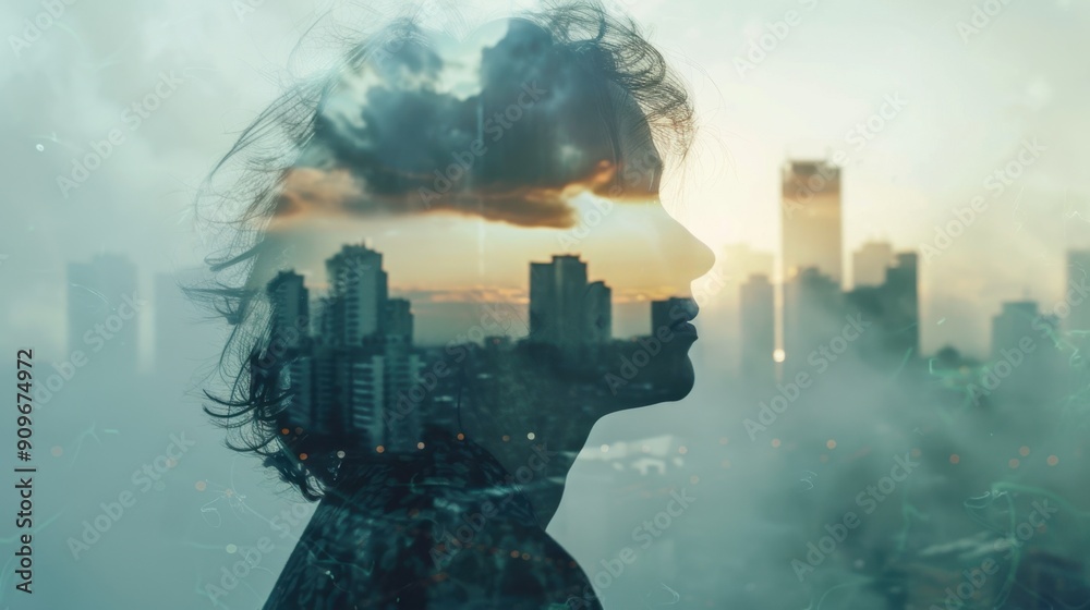 Obraz premium Double exposure image of silhouette with cityscape, symbolizing connection between urban environment and human emotion.