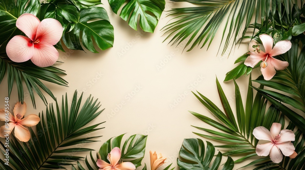 tropical background template with lush green palm leaves and exotic flowers 
