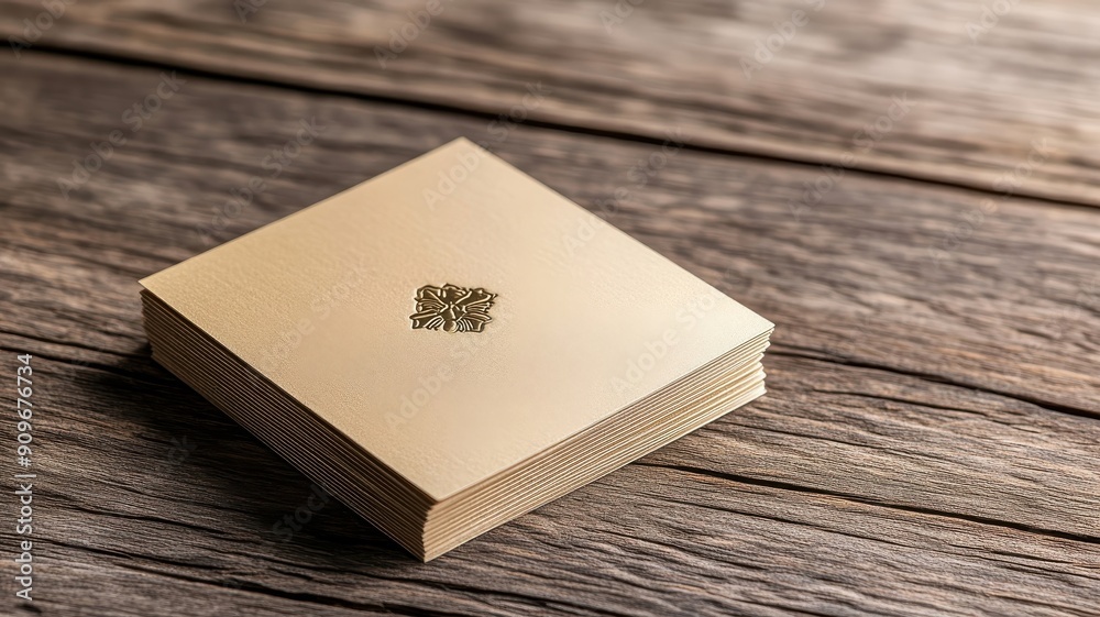 Stack of golden business cards with minimalist design on wooden table. Stack of golden business cards with minimalist design on wooden table.