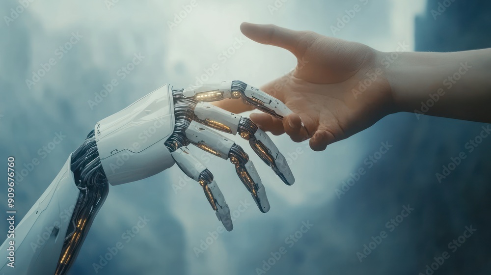 Human and robot hands reaching out to touch. Symbolizes human-AI interaction Human and robot hands reaching out to touch. Symbolizes human-AI interaction