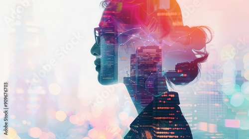 Double exposure portrait of a woman with city lights overlay, representing urban life and modern society.