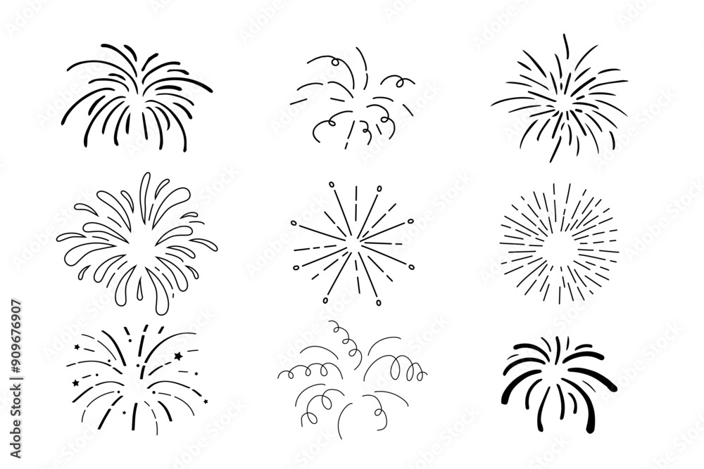 Fireworks and rocket, salute with burst, light and festive explosions in doodle style. Hand drawn sparks, firecracker on white background. Party, celebrations, event. Fireworks and rocket, salute with burst, light and festive explosions in doodle style. Hand drawn sparks, firecracker on white background. Party, celebrations, event.