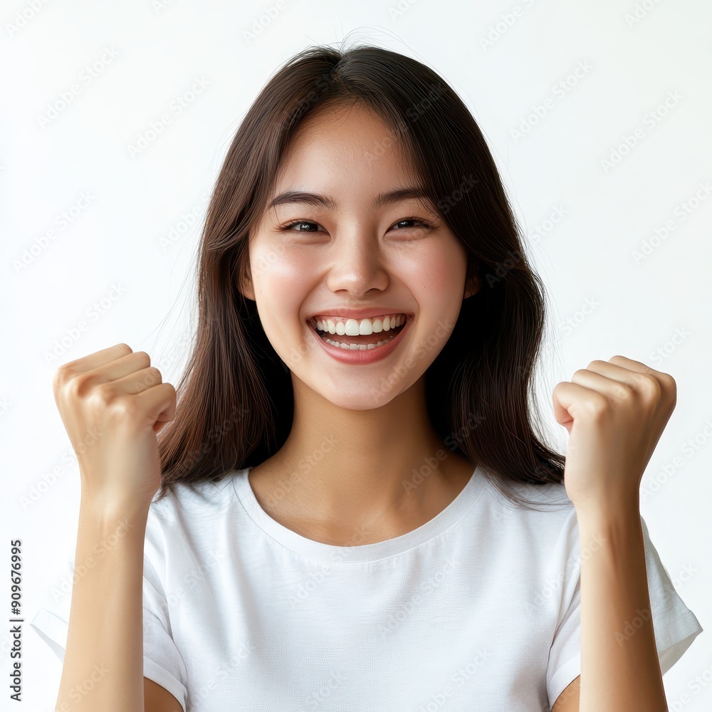 Asian woman smiling with a sense of accomplishment, task completion Asian woman smiling with a sense of accomplishment, task completion