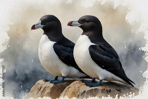 Razorbills in watercolor style photo