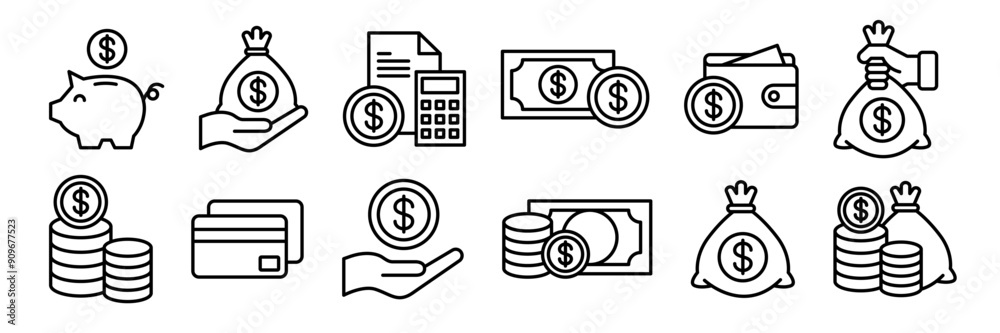 Φωτογραφία Money, budget, savings, loan, cash, earning, income, wallet, currency, dollar, card, coin, revenue, piggy bank, and profit icon set