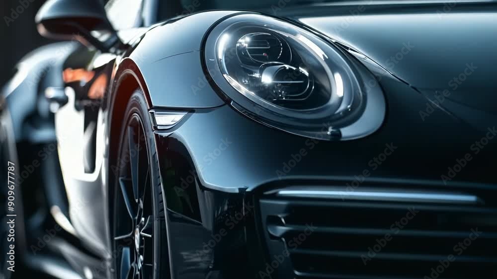 Sleek sports car headlight and fender closeup, luxury automobile design detail Sleek sports car headlight and fender closeup, luxury automobile design detail