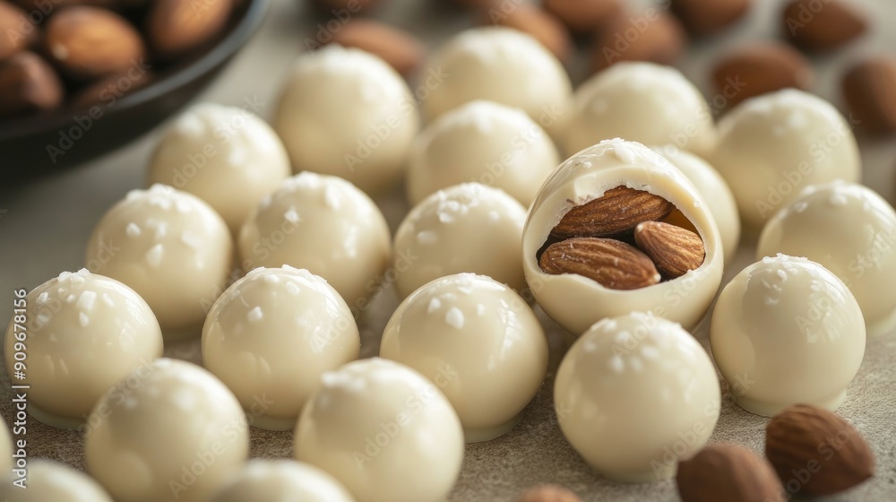 dragee made with white chocolate and almonds. Balls of chocolate filled with nuts dragee made with white chocolate and almonds. Balls of chocolate filled with nuts