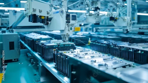 Advanced robots precisely assemble battery components, using state-of-the-art technology to boost efficiency and quality in the manufacturing process.