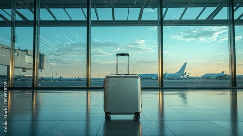 Travel Suitcase. modern suitcase standing in an airport terminal with planes visible through large windows