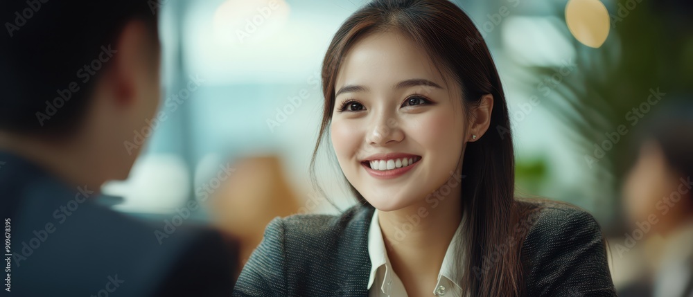 Asian woman smiling at a coworker, positive engagement at work Asian woman smiling at a coworker, positive engagement at work
