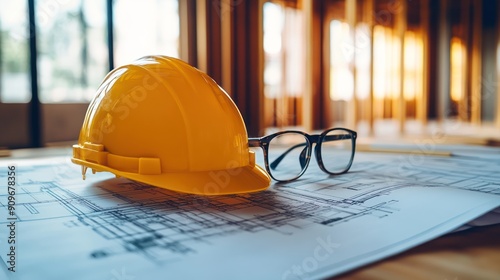 Yellow Hard Hat, Blueprints, and Glasses on a Table. Essential Tools for Architects