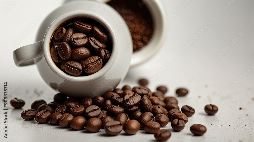 top view of steaming hot espresso cup next to coffee top view of steaming hot espresso cup next to coffee