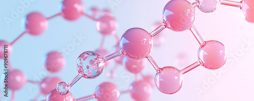 A detailed close-up of a pink molecular structure, representing collagen, retinol, or ceramide used in cosmetic products photo