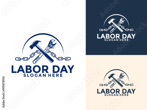Labor Day with hammer, wrench, and chain Logo vector, Construction, worker logo design template, illustration, poster, flyer, greeting card