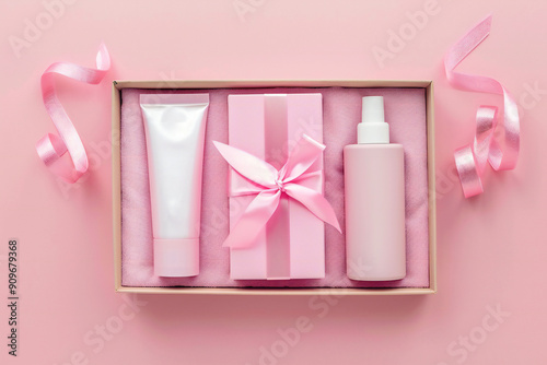 Pink Gifts and Beauty Products with Floral Decorations for an Elegant and Festive Presentation photo