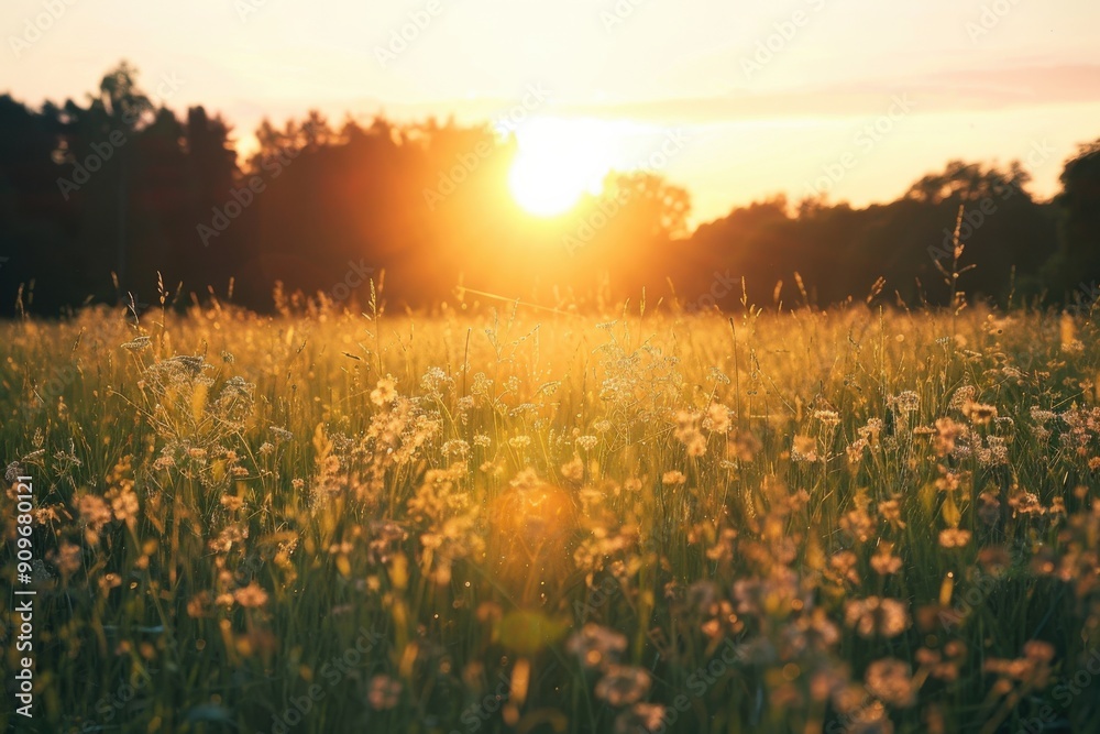 Fototapeta premium Wild Grass Field. Sunset Landscape with Summer Meadows and Forest in the Background